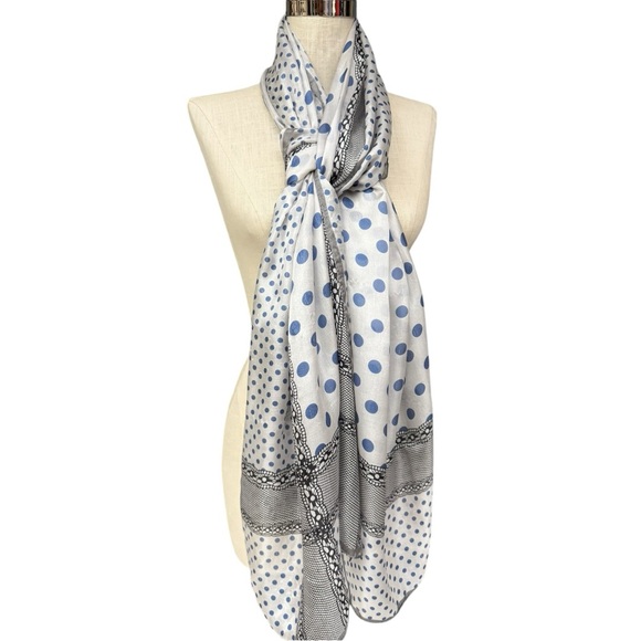 Vintage Sheer Blue Polka Dot Scarf Black Lace Border 70x42 Oversized Wrap - Picture 3 of 13